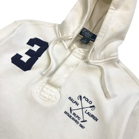 POLO RALPH LAUREN HOODIE MEDIUM M MENS WHITE #3 RLPC SWEATSHIRT PULLOVER VINTAGE - Picture 2 of 3